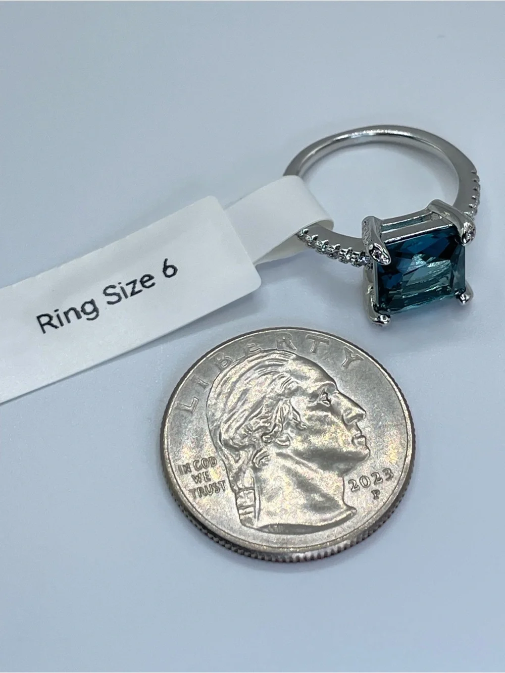 Swarovski Crystal Elements Teal Blue Princess Cut Solitaire Ring Sz 6